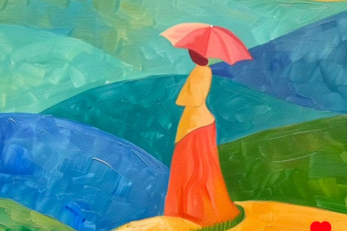 Abstract woman with umbrella in colorful landscape.