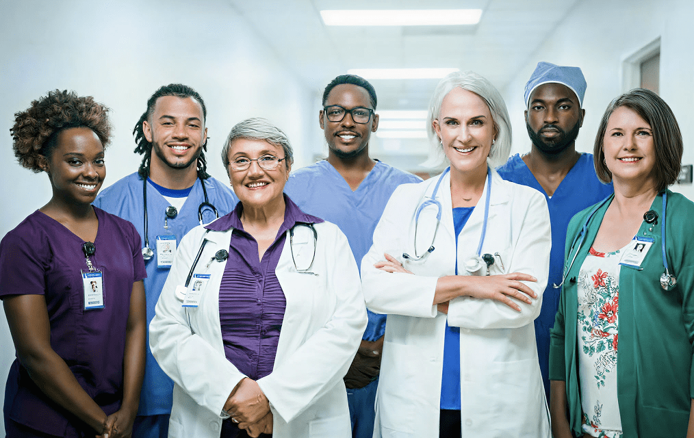 Group of diverse healthcare professionals smiling.