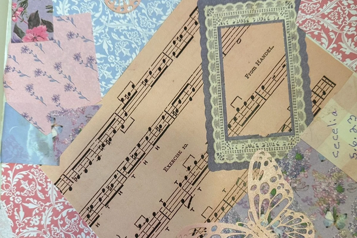 Collage of sheet music and patterned paper.