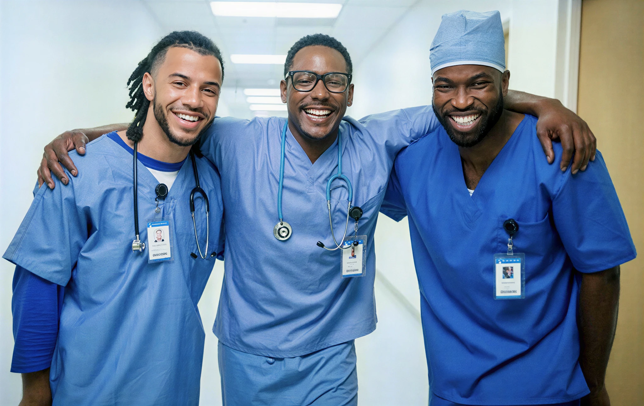 Three smiling healthcare professionals in scrubs.