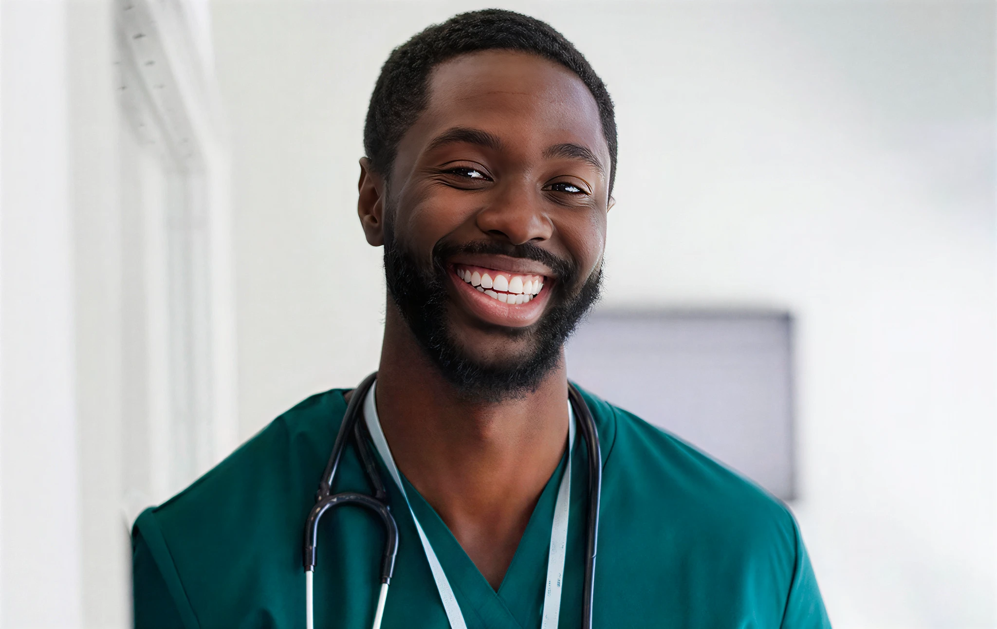 Smiling healthcare professional wearing green scrubs.