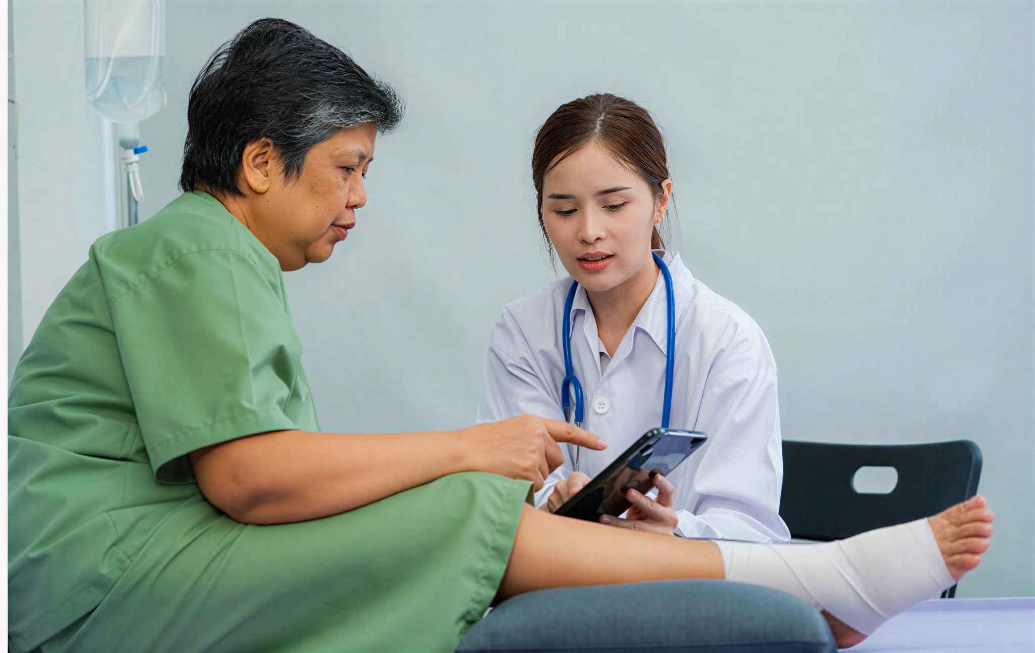 Doctor consulting patient with bandaged foot.