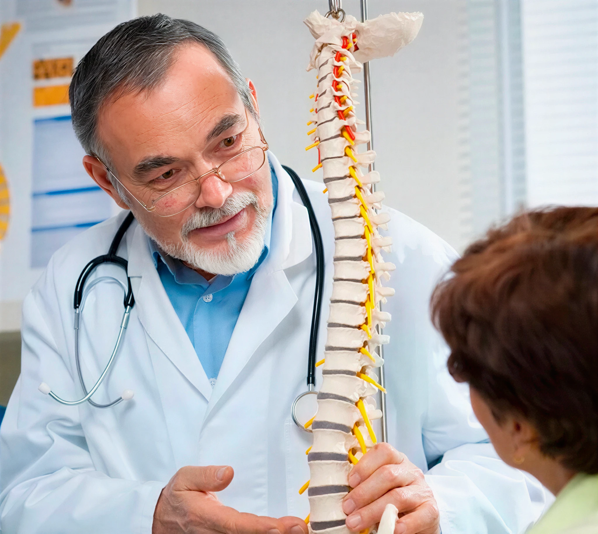 Doctor explaining spine model to patient.