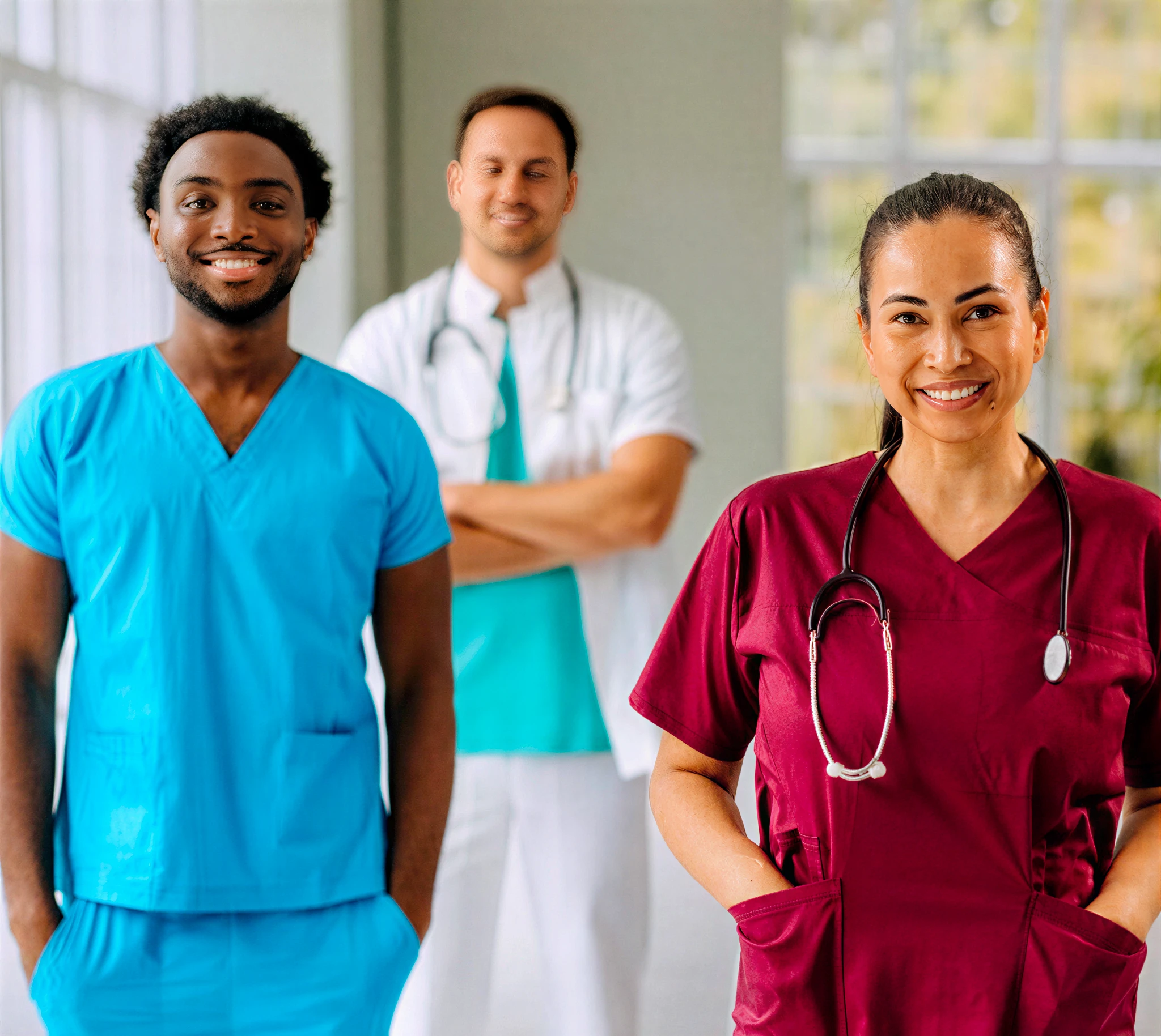 Healthcare professionals smiling in medical attire.