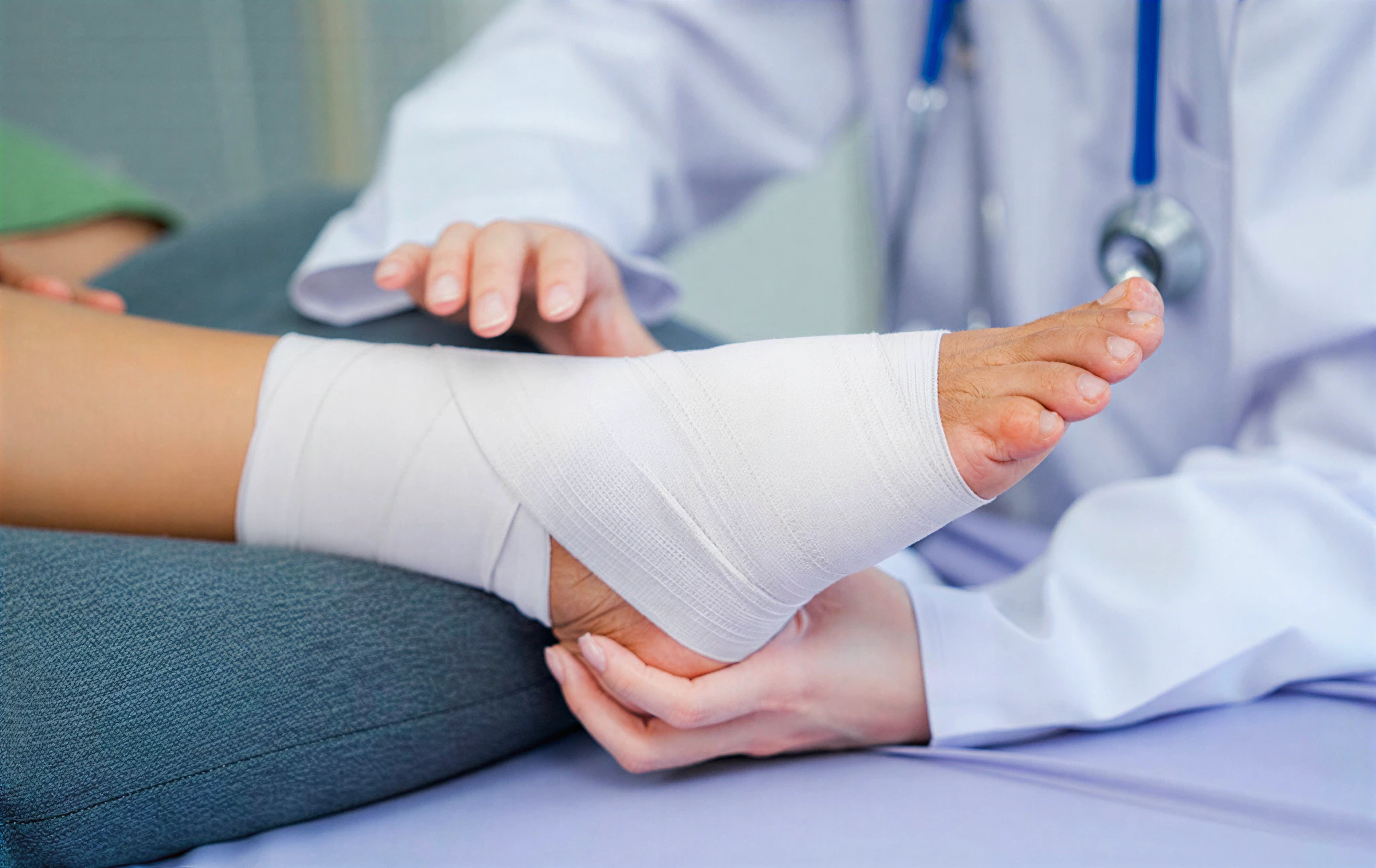 Doctor examining bandaged ankle on patient.