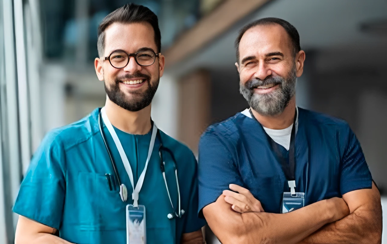 Two smiling doctors in hospital attire.