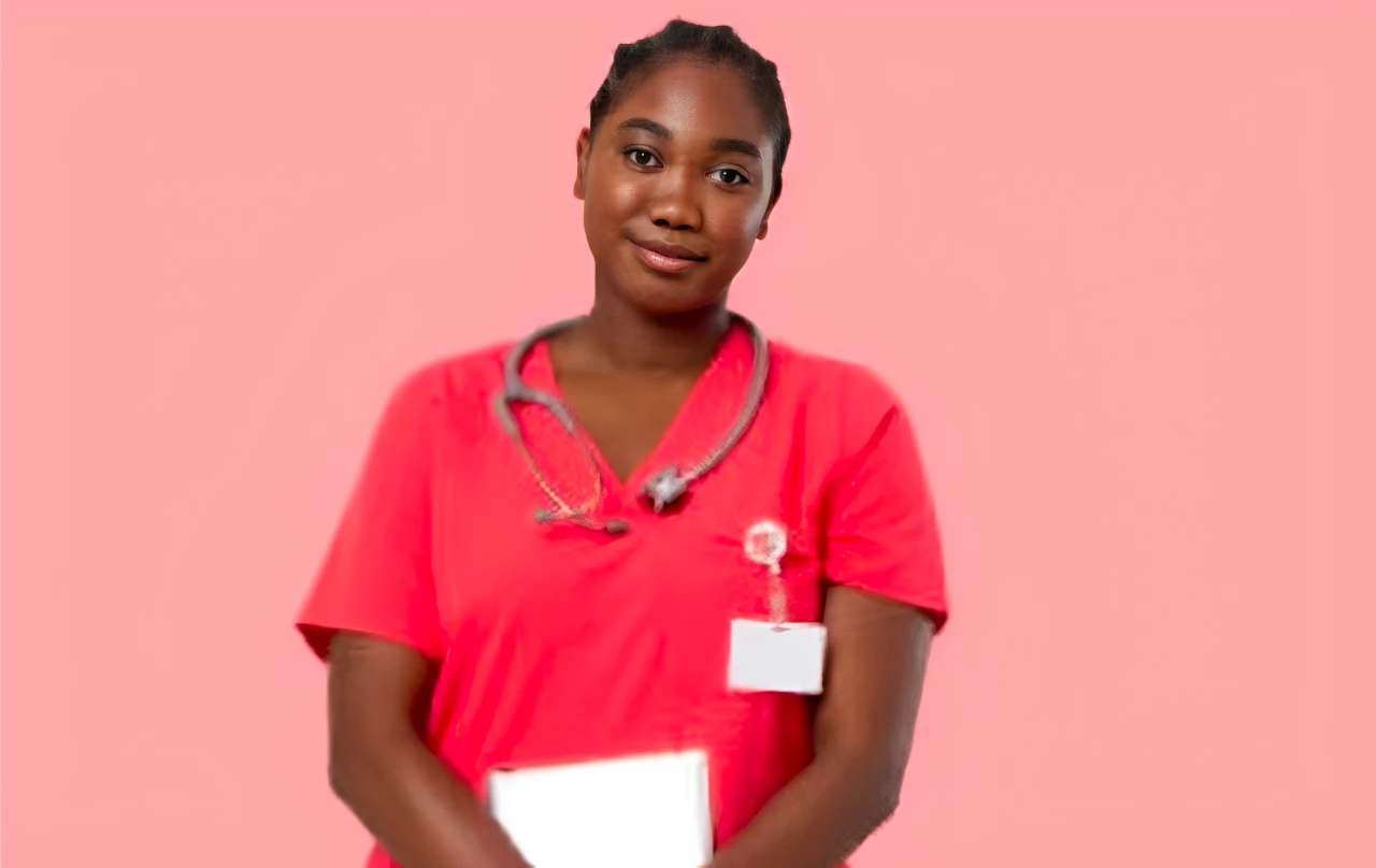 Nurse in red scrubs holding clipboard.